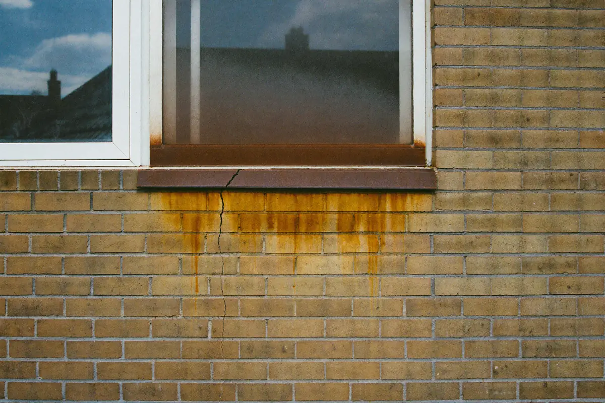 Roestige afvoerstrepen en een scheur onder een raam in een geelbruine bakstenen muur